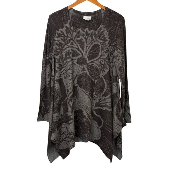 Soft Surroundings Cozy Tunic Top Abstract Floral Black Gray Long Sleeve Size L - Picture 1 of 9